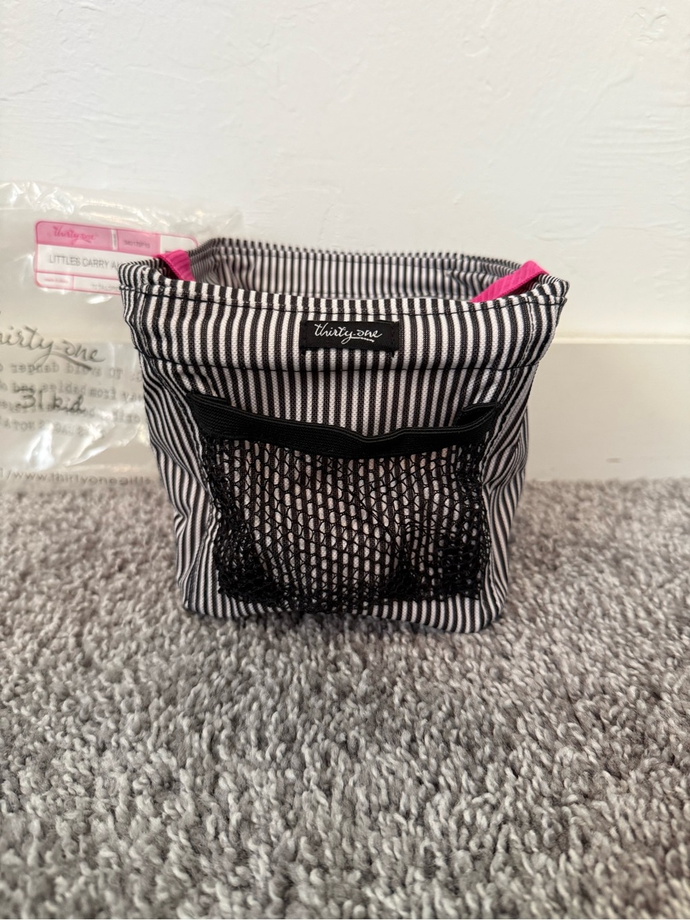 NIP Thirty-One Striped Littles Carry-All Bag in Black and White with Pink Trim